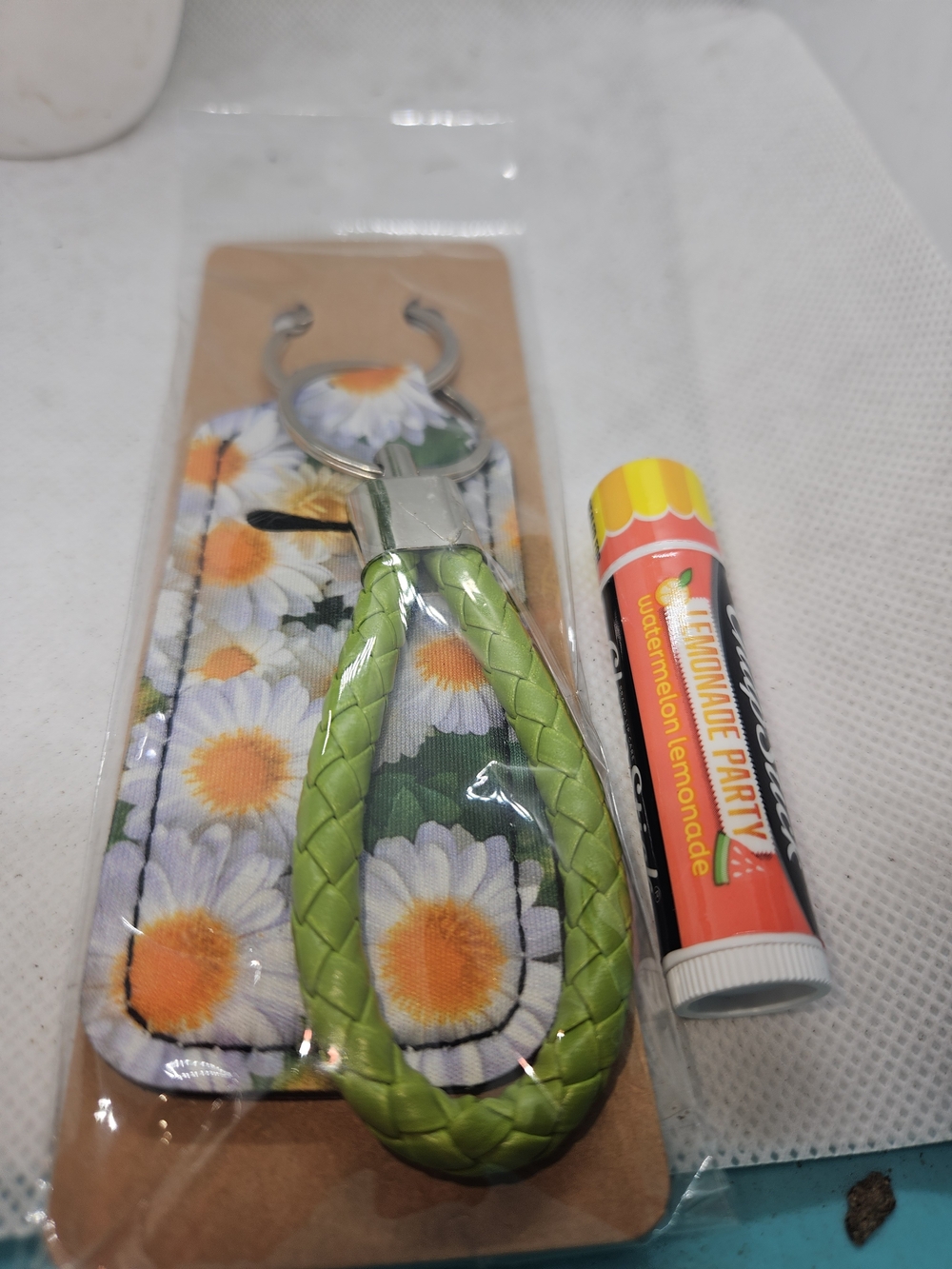 Daisy Print Lip Balm Holder Keychain with Lime Green Braided Handle